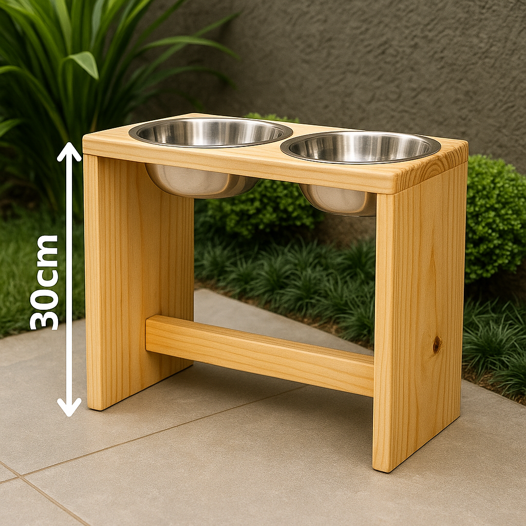 Comedouro Elevado de Madeira com Potes de Inox