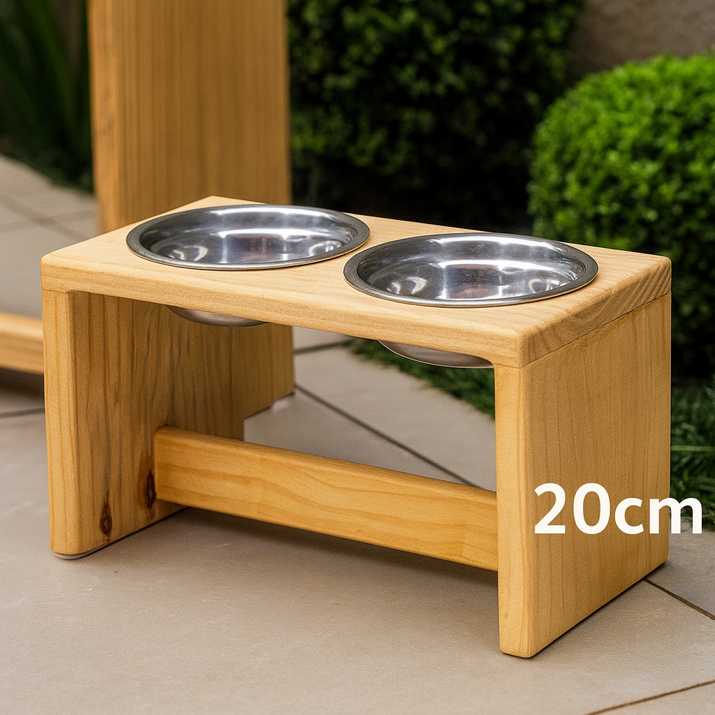 Comedouro Elevado de Madeira com Potes de Inox