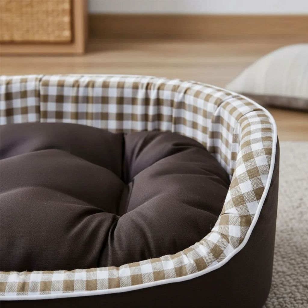 CAMA PET CAMA CACHORRO e GATO CAMINHA CONFORTÁVEL E RESISTENTE BINNOPET DUBAI XADREZ BEGE