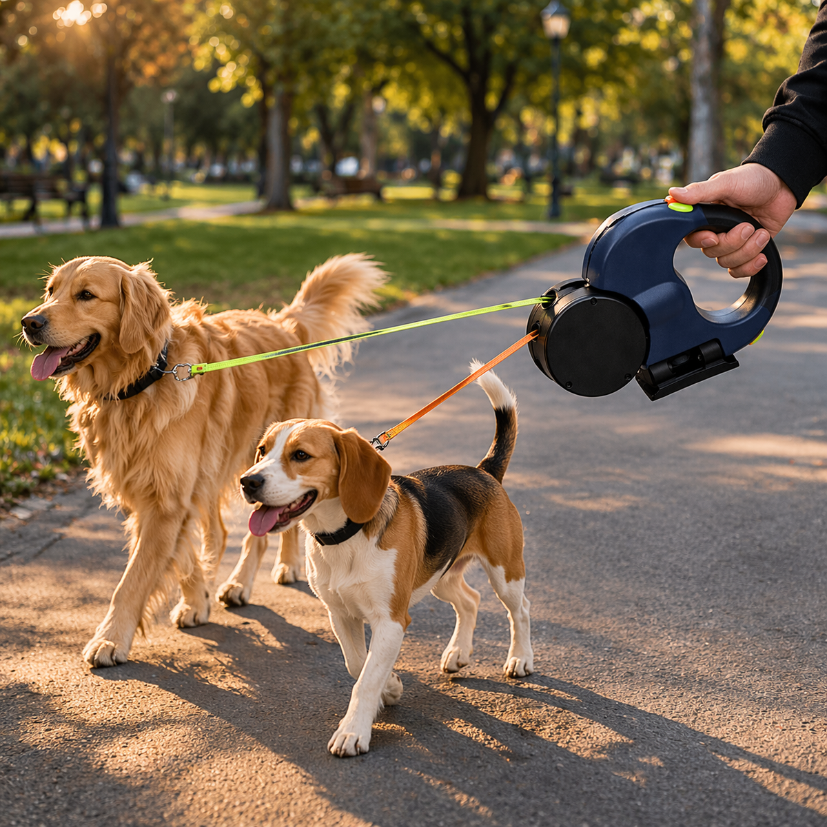 Guia Retrátil Dupla com Lanterna e Sistema Anti-Enrosco
