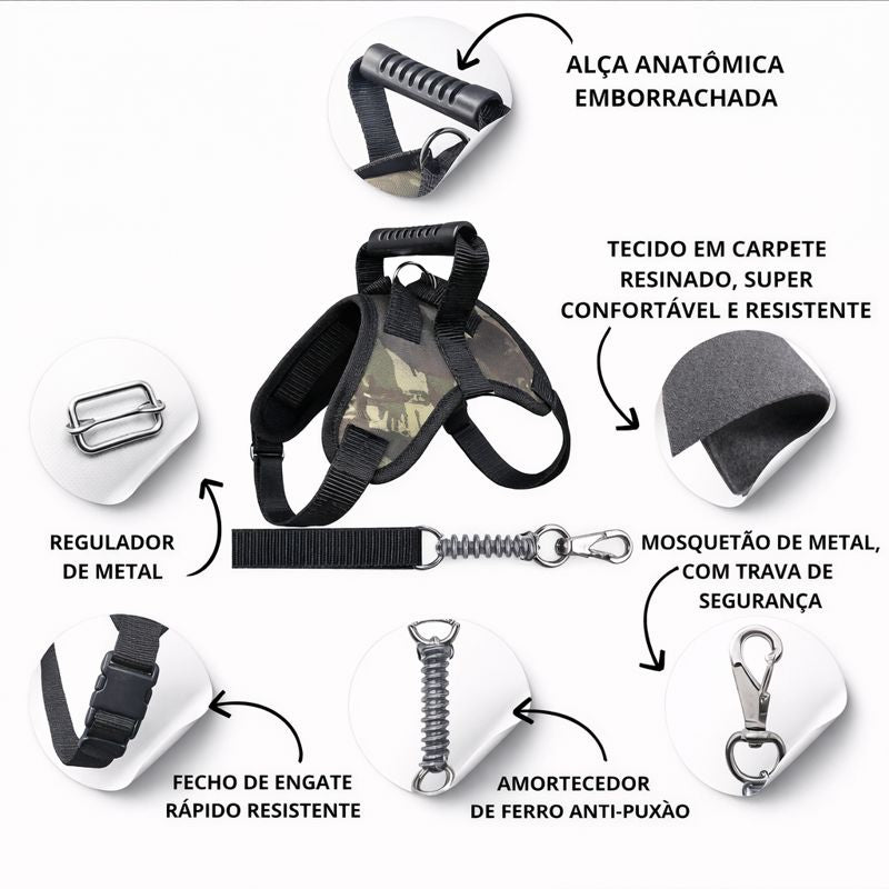 Peitoral Resistente com Guia Antipuxão para Cachorros Fortes
