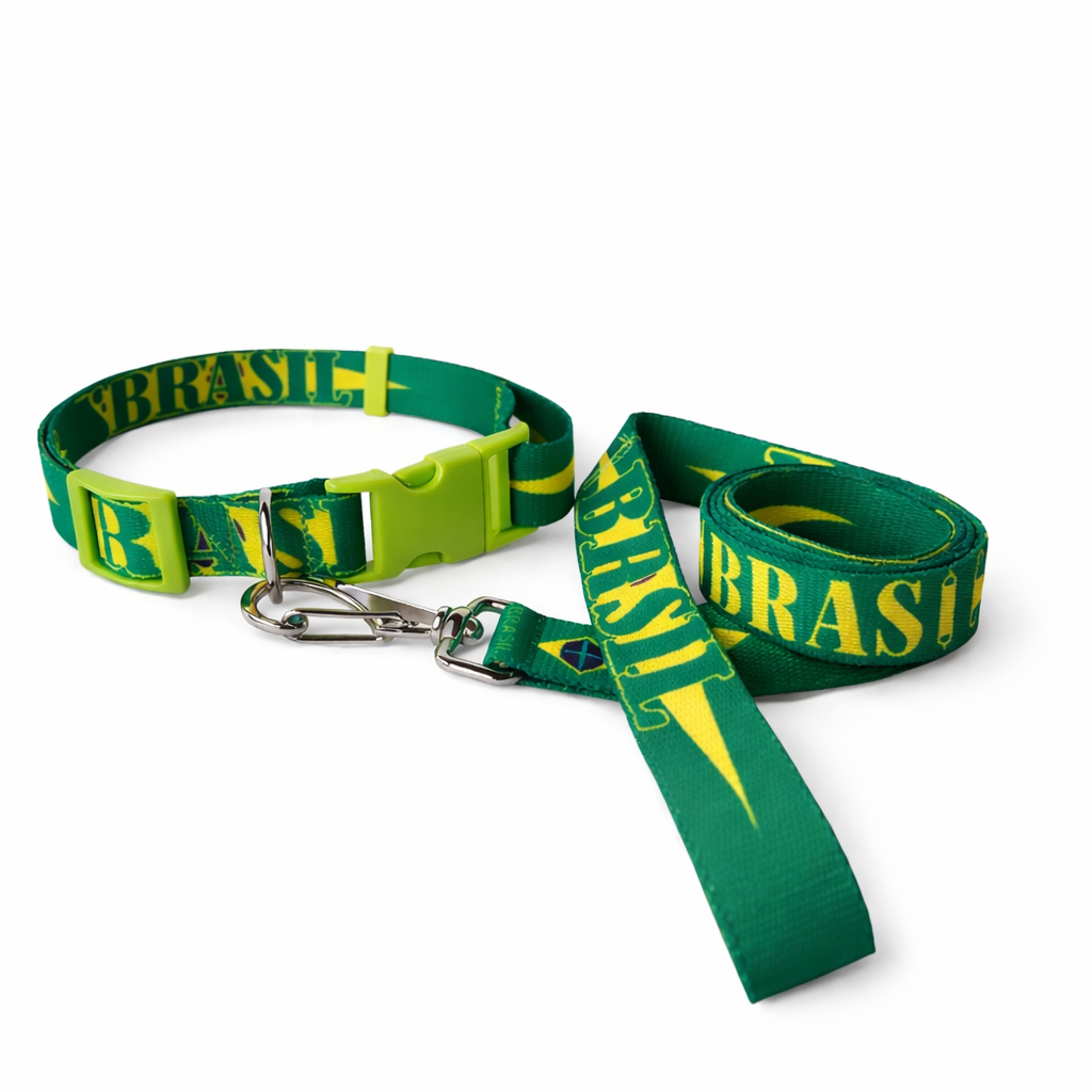 Coleira com Guia Brasil para Cachorro Ajustável Nylon Copa Médio e Grande Porte
