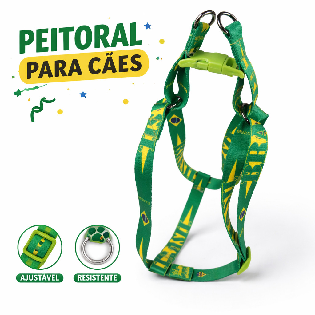 Peitoral com Guia Brasil para Cachorro Nylon Ajustável Médio Grande Copa 2026